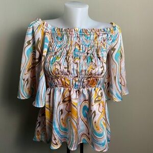 Chenault Women's Abstract Pastel Splash Off Shoulder Bell Sleeve Flared Blouse M